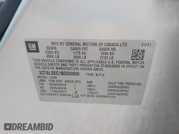 2011 GMC Terrain SLE-2 with VIN 2CTALSEC1B6339990, listed as a IAAI auction lot 42190390 with 195,221 mi miles and . Bid and sale history available at DreamBid. Image 9.
