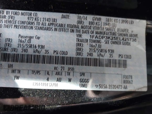2014 Ford Focus SE with VIN 1FADP3K25EL425738, listed as a IAAI auction lot 42127245 with 161,163 mi miles. Bid and sale history available at carsss.com. Image 9.