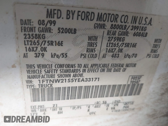 2000 Ford F-250 XL with VIN 1FTNW21S5YEA33171, listed as a IAAI auction lot 41480011 with Not provided miles and . Bid and sale history available at DreamBid. Image 9.
