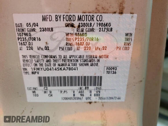 2005 Ford Escape Limited with VIN 1FMYU04145KA78041, listed as a Copart auction lot 70222184 with 113,943 mi miles and Salvage Title. Bid and sale history available at carsss.com. Image 14.