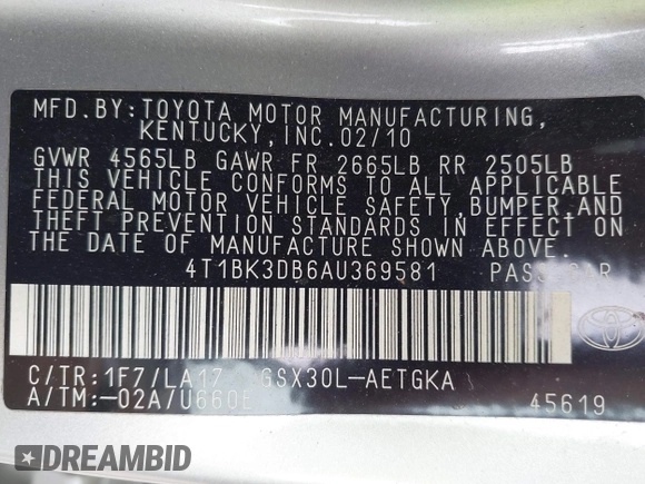 2010 Toyota Avalon XL with VIN 4T1BK3DB6AU369581, listed as a IAAI auction lot 42159063 with 137,996 mi miles and . Bid and sale history available at carsss.com. Image 9.