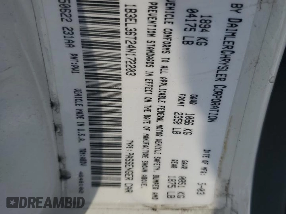 2004 Dodge Stratus SE z VIN 1B3EL36T24N172203, wystawiony jako Copart lot #41570235 z przebiegiem 92 952 mil mil oraz Szkoda całkowita • Salvage title. Historia ofert i sprzedaży dostępna na DreamBid. Obrazek 14.