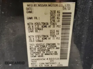 2010 Nissan Frontier SE with VIN 1N6AD0EV2AC430350, listed as a Copart auction lot 59498585 with Not provided miles and Salvage title. Bid and sale history available at DreamBid. Image 12.