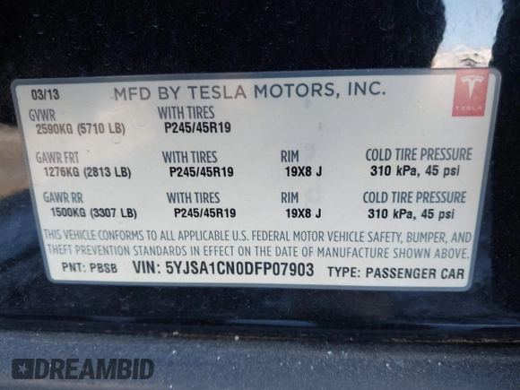 2013 Tesla Model S with VIN 5YJSA1CNODFP07903, listed as a IAAI auction lot 41281788 with Not Provided miles. Bid and sale history available at carsss.com. Image 9.