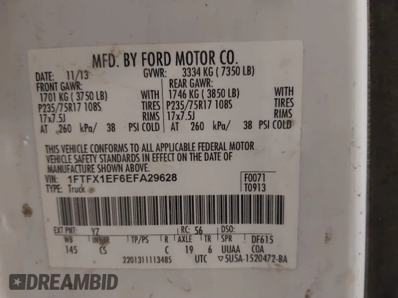 2014 Ford F-150 XL with VIN 1FTFX1EF6EFA29628, listed as a IAAI auction lot 41298438 with 343,733 mi miles. Bid and sale history available at carsss.com. Image 9.