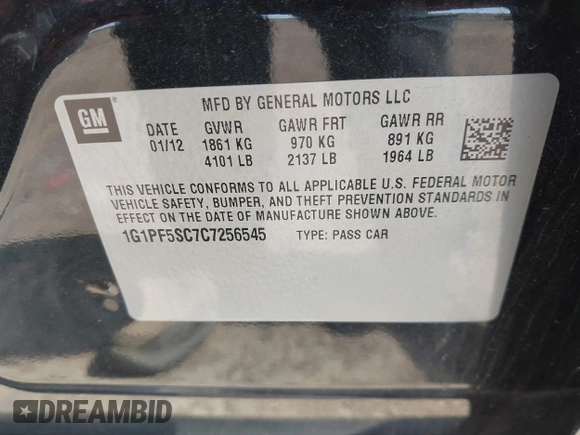 2012 Chevrolet Cruze 1LT with VIN 1G1PF5SC7C7256545, listed as a IAAI auction lot 42115331 with 105,622 mi miles and . Bid and sale history available at DreamBid. Image 9.