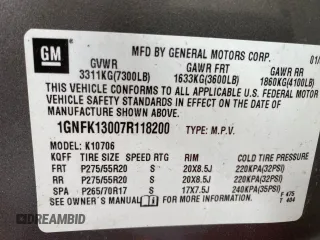 2007 Chevrolet Tahoe LTZ z VIN 1GNFK13007R118200, wystawiony jako Copart lot #61613185 z przebiegiem 137 294 mil mil oraz Czysty tytuł • Clean title. Historia ofert i sprzedaży dostępna na DreamBid. Obrazek 10.