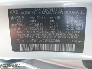 2008 Hyundai Santa Fe SE with VIN 5NMSH13E38H222588, listed as a IAAI auction lot 41684138 with 56,958 mi miles. Bid and sale history available at carsss.com. Image 9.