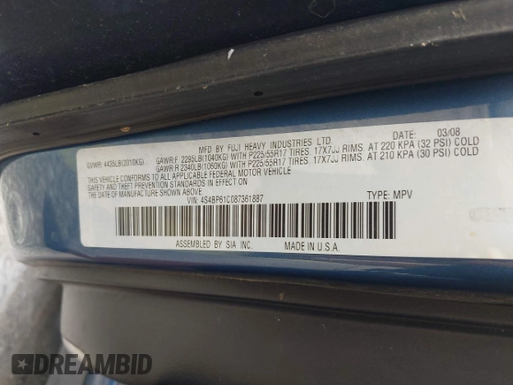 2008 Subaru Outback i with VIN 4S4BP61C087361887, listed as a IAAI auction lot 42841857 with 172,702 mi miles and . Bid and sale history available at DreamBid. Image 9.