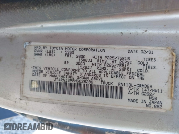 1991 Toyota Pickup с VIN JT4RN13P8M6026288, выставлен на аукционе IAAI как лот 41768419 с пробегом 249 679 миль миль и . История ставок и продаж доступна на DreamBid. Изображение 9.
