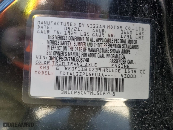 2021 Nissan Kicks SV with VIN 3N1CP5CV7ML508748, listed as a Copart auction lot 47969145 with 91,822 mi miles and Salvage Title. Bid and sale history available at carsss.com. Image 14.