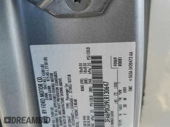2020 Ford Fusion SEL with VIN 3FA6P0CD9LR130647, listed as a Copart auction lot 50455575 with 94,659 mi miles and Salvage title. Bid and sale history available at DreamBid. Image 12.