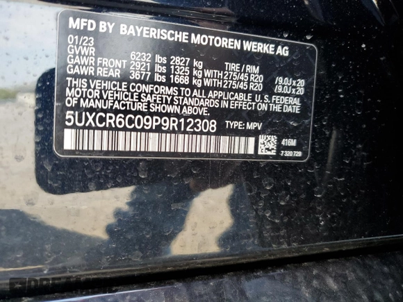 2023 BMW X5 xDrive40i with VIN 5UXCR6C09P9R12308, listed as a Copart auction lot 49328593 with 3,514 mi miles. Bid and sale history available at carsss.com. Image 13.