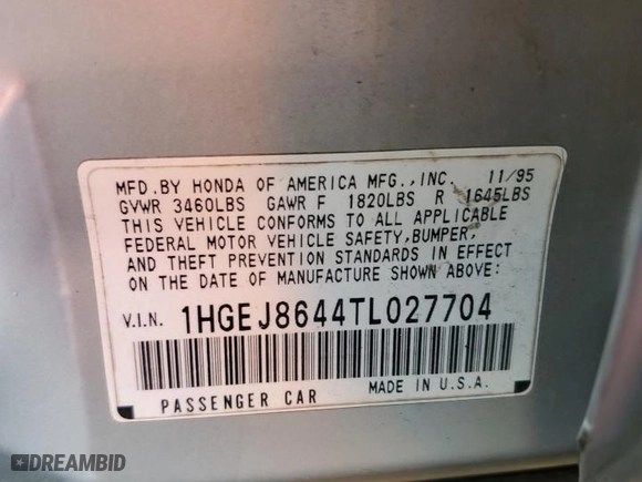 1996 Honda Civic EX with VIN 1HGEJ8644TL027704, listed as a Copart auction lot 88506285 with 296,127 mi miles and Salvage Title. Bid and sale history available at carsss.com. Image 12.