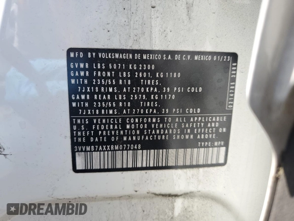 2024 Volkswagen Tiguan SE with VIN 3VVMB7AXXRM077048, listed as a Copart auction lot 54885705 with 9,414 mi miles and Salvage title. Bid and sale history available at DreamBid. Image 13.