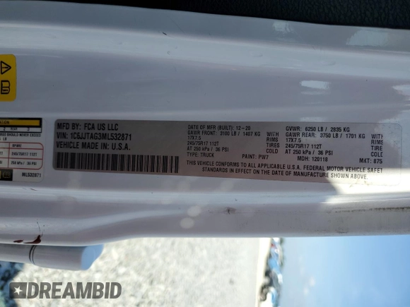 2021 Jeep Gladiator Sport S z VIN 1C6JJTAG3ML532871, wystawiony jako Copart lot #52375235 z przebiegiem 87 758 mil mil oraz Nie do naprawy • Non repairable. Historia ofert i sprzedaży dostępna na DreamBid. Obrazek 12.