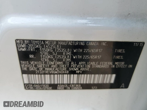 2016 Toyota RAV4 LE with VIN 2T3ZFREV8GW240448, listed as a Copart auction lot 54616795 with 103,567 mi miles and Salvage Title. Bid and sale history available at DreamBid. Image 13.