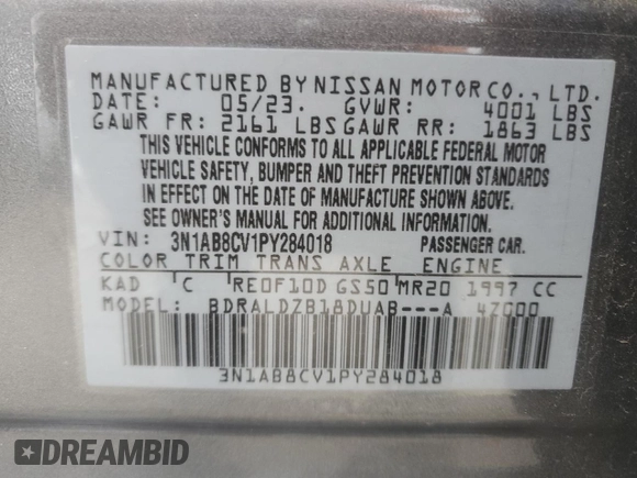 2023 Nissan Sentra SV z VIN 3N1AB8CV1PY284018, wystawiony jako Copart lot #55399055 z przebiegiem 23 268 mil mil oraz Szkoda całkowita • Salvage title. Historia ofert i sprzedaży dostępna na DreamBid. Obrazek 12.