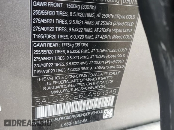 2020 Land Rover Range Rover P525 HSE с VIN SALGS2SE6LA593349, выставлен на аукционе Copart как лот 89162435 с пробегом 69 917 миль миль и Списание • Salvage title. История ставок и продаж доступна на DreamBid. Изображение 12.