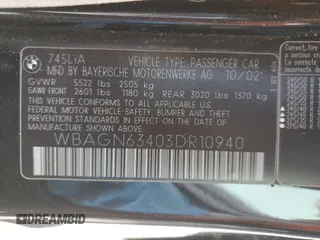 2003 BMW 7 Series 745Li with VIN WBAGN63403DR10940, listed as a Copart auction lot 54620465 with 184,535 mi miles and Salvage Title. Bid and sale history available at carsss.com. Image 12.
