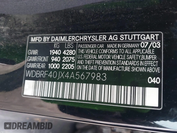 2004 Mercedes-Benz C 230 Kompressor with VIN WDBRF40JX4A567983, listed as a IAAI auction lot 41714599 with 285,832 mi miles and . Bid and sale history available at DreamBid. Image 9.