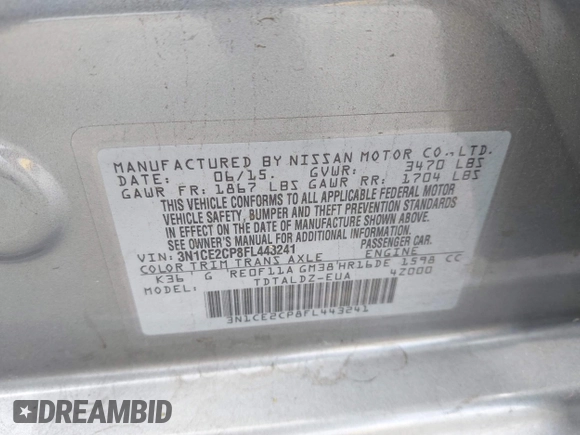 2015 Nissan Note SV with VIN 3N1CE2CP8FL443241, listed as a IAAI auction lot 42124704 with 111,574 mi miles and . Bid and sale history available at DreamBid. Image 9.