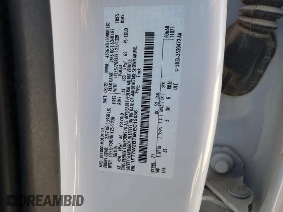 2022 Ford F-250 XL with VIN 1FT7W2BT6NEC15036, listed as a Copart auction lot 43412835 with 133,478 mi miles and Salvage title. Bid and sale history available at DreamBid. Image 12.