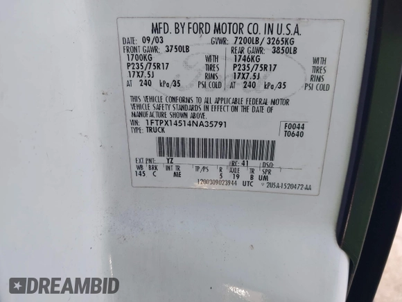 2004 Ford F-150 XLT с VIN 1FTPX14514NA35791, выставлен на аукционе IAAI как лот 42554537 с пробегом Не указан миль и . История ставок и продаж доступна на DreamBid. Изображение 9.