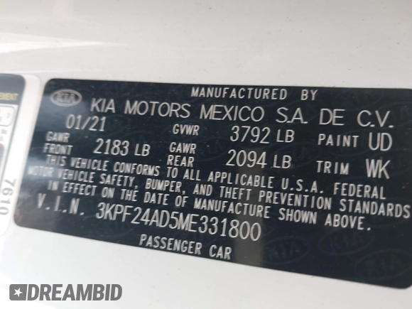 2021 Kia Forte LXS z VIN 3KPF24AD5ME331800, wystawiony jako IAAI lot #42505141 z przebiegiem 89 236 mil mil oraz . Historia ofert i sprzedaży dostępna na DreamBid. Obrazek 9.