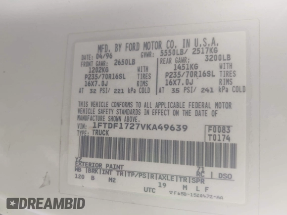 1997 Ford F-150 with VIN 1FTDF1727VKA49639, listed as a IAAI auction lot 42121938 with 317,520 mi miles and . Bid and sale history available at DreamBid. Image 9.