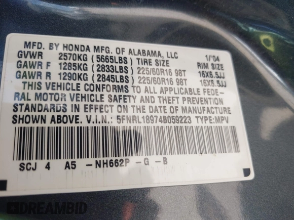 2004 Honda Odyssey EX-L with VIN 5FNRL18974B059223, listed as a IAAI auction lot 42249508 with 247,856 mi miles and . Bid and sale history available at DreamBid. Image 9.