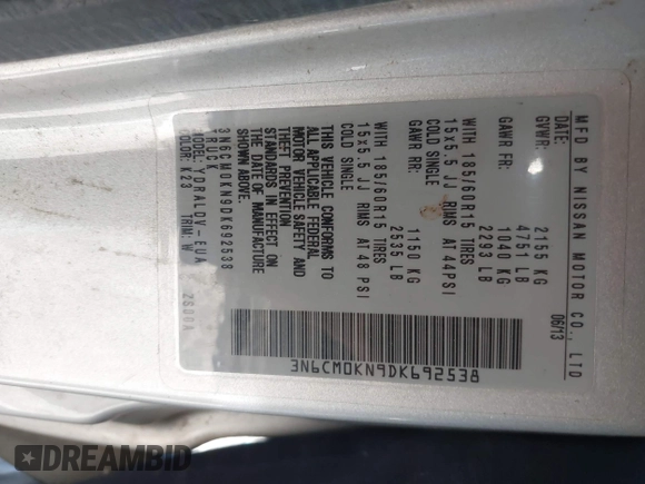 2013 Nissan NV200 SV with VIN 3N6CM0KN9DK692538, listed as a IAAI auction lot 41389689 with Not Provided miles and . Bid and sale history available at carsss.com. Image 9.