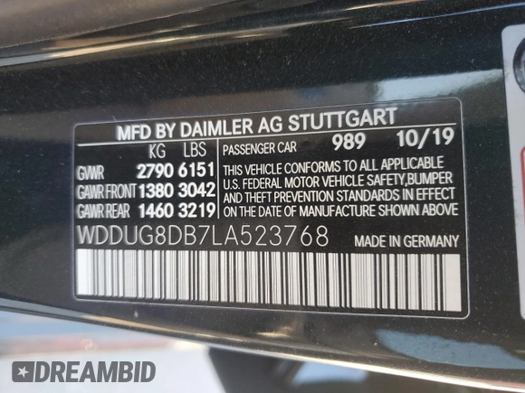 2020 Mercedes-Benz S 560 with VIN WDDUG8DB7LA523768, listed as a Copart auction lot 49408055 with Not Provided miles and Salvage Title. Bid and sale history available at DreamBid. Image 12.