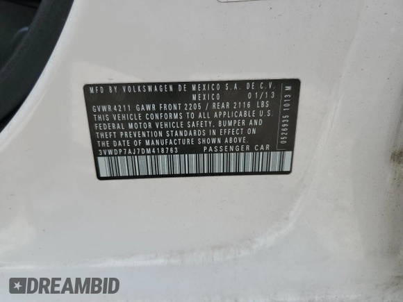 2013 Volkswagen Jetta SE with VIN 3VWDP7AJ7DM418763, listed as a Copart auction lot 56420575 with 130,301 mi miles and Salvage title. Bid and sale history available at DreamBid. Image 12.