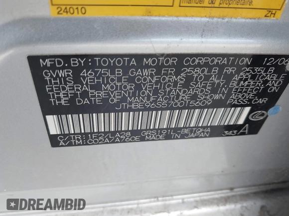 2007 Lexus GS 350 with VIN JTHBE96S570015609, listed as a IAAI auction lot 41762268 with Not Provided miles and . Bid and sale history available at DreamBid. Image 9.