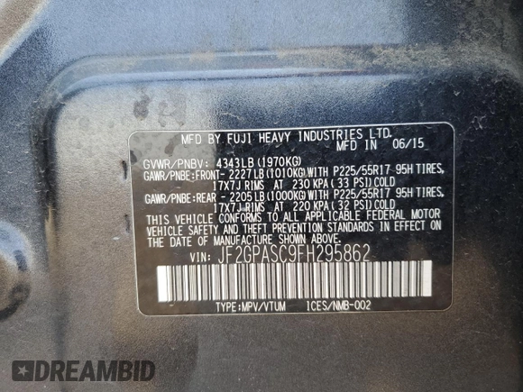 2015 Subaru Crosstrek Limited with VIN JF2GPASC9FH295862, listed as a Copart auction lot 60029655 with 122,064 mi miles and Clean title. Bid and sale history available at DreamBid. Image 13.