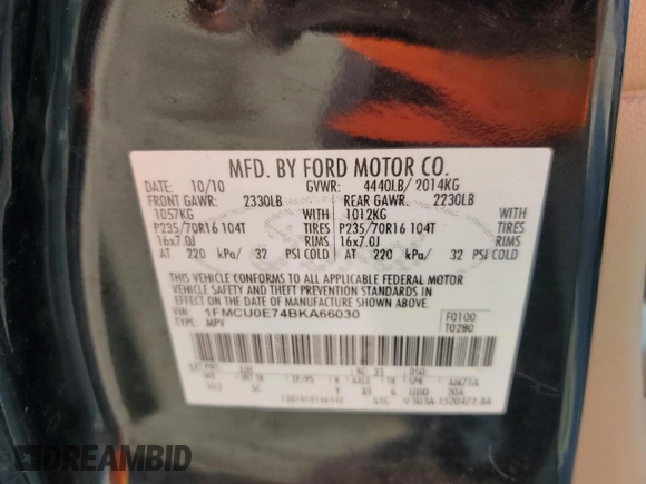 2011 Ford Escape Limited с VIN 1FMCU0E74BKA66030, выставлен на аукционе Copart как лот 62301345 с пробегом Не указан миль и Чистый • Clean title. История ставок и продаж доступна на DreamBid. Изображение 13.
