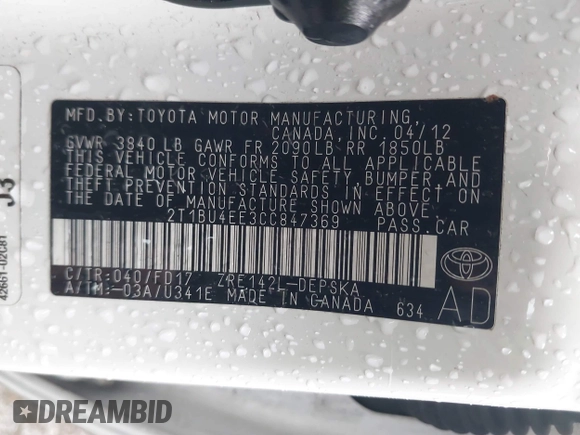 2012 Toyota Corolla L with VIN 2T1BU4EE3CC847369, listed as a IAAI auction lot 41731025 with 114,379 mi miles and . Bid and sale history available at DreamBid. Image 9.