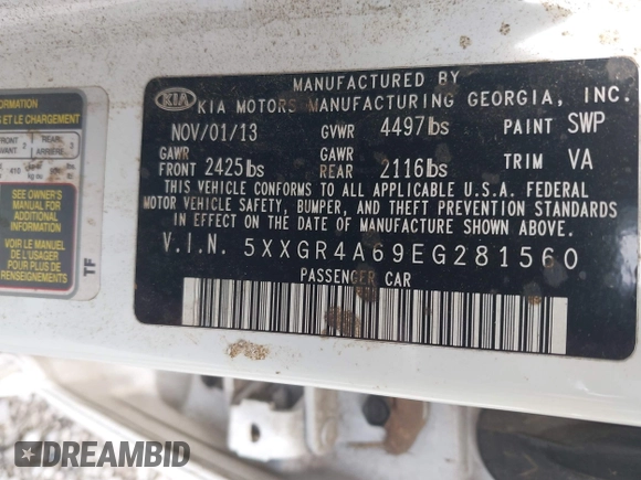 2014 Kia Optima SX Turbo with VIN 5XXGR4A69EG281560, listed as a IAAI auction lot 42366130 with 178,227 mi miles and . Bid and sale history available at DreamBid. Image 9.