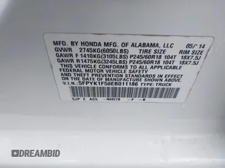 2014 Honda Ridgeline RTL with VIN 5FPYK1F58EB011186, listed as a IAAI auction lot 41903178 with 113,364 mi miles. Bid and sale history available at carsss.com. Image 9.