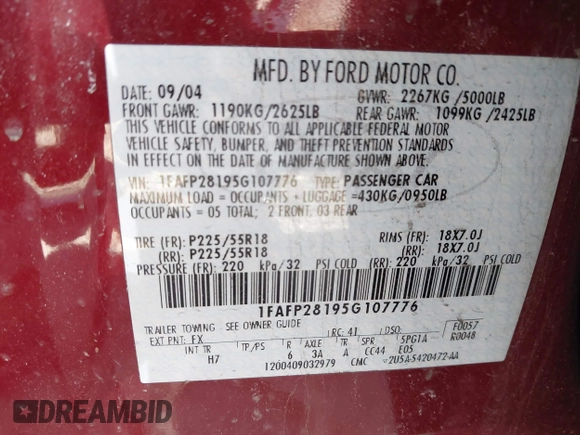 2005 Ford Five Hundred Limited with VIN 1FAFP28195G107776, listed as a IAAI auction lot 41950026 with 114,838 mi miles. Bid and sale history available at carsss.com. Image 9.