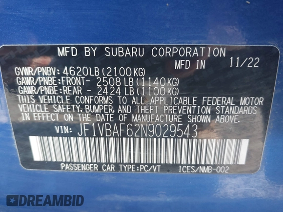 2022 Subaru WRX Premium with VIN JF1VBAF62N9029543, listed as a IAAI auction lot 41642982 with 15,597 mi miles and . Bid and sale history available at DreamBid. Image 9.