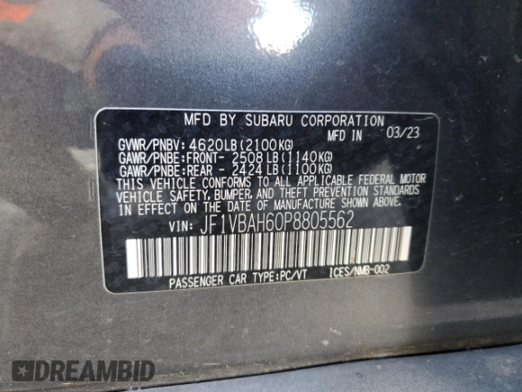 2023 Subaru WRX Premium с VIN JF1VBAH60P8805562, выставлен на аукционе Copart как лот 68148074 с пробегом 26 458 миль миль и Списание • Salvage title. История ставок и продаж доступна на DreamBid. Изображение 13.