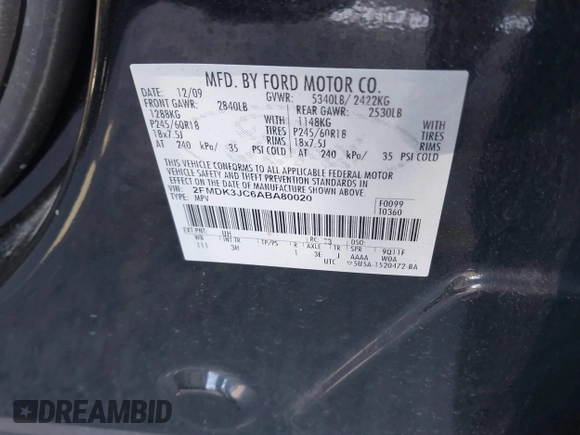 2010 Ford Edge SEL with VIN 2FMDK3JC6ABA80020, listed as a IAAI auction lot 41854247 with 211,375 mi miles. Bid and sale history available at carsss.com. Image 9.