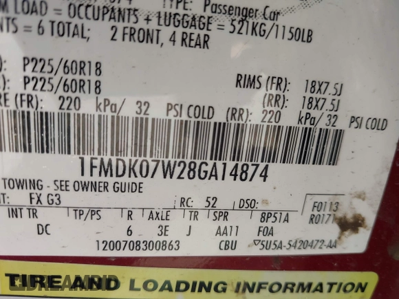 2008 Ford Taurus X Eddie Bauer with VIN 1FMDK07W28GA14874, listed as a IAAI auction lot 42239808 with 235,948 mi miles and . Bid and sale history available at DreamBid. Image 9.