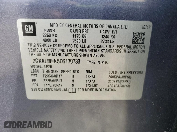 2013 GMC Terrain SLE with VIN 2GKALMEK5D6179733, listed as a Copart auction lot 51626855 with 139,710 mi miles and Salvage title. Bid and sale history available at DreamBid. Image 14.
