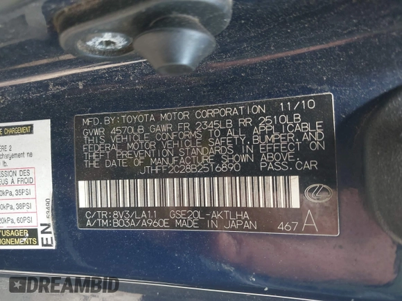 2011 Lexus IS 250 C with VIN JTHFF2C28B2516890, listed as a IAAI auction lot 42659330 with 205,911 mi miles and . Bid and sale history available at DreamBid. Image 9.