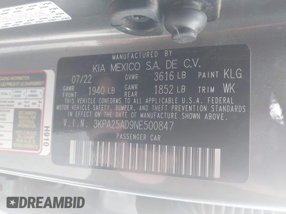 2022 Kia Rio S with VIN 3KPA25AD9NE500847, listed as a IAAI auction lot 41516061 with 38,828 mi miles and . Bid and sale history available at DreamBid. Image 9.