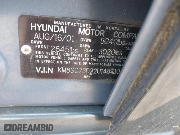 2002 Hyundai Santa Fe GLS with VIN KM8SC73D22U148410, listed as a IAAI auction lot 42159042 with 141,232 mi miles. Bid and sale history available at carsss.com. Image 9.