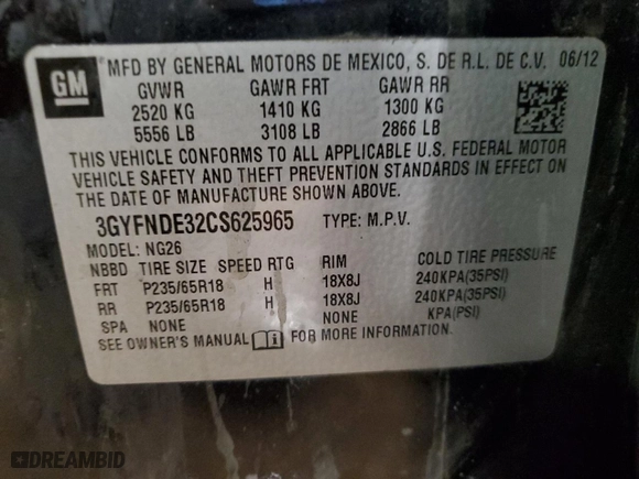 2012 Cadillac SRX Luxury Collection with VIN 3GYFNDE32CS625965, listed as a Copart auction lot 44587785 with 96,773 mi miles and Salvage Title. Bid and sale history available at carsss.com. Image 13.